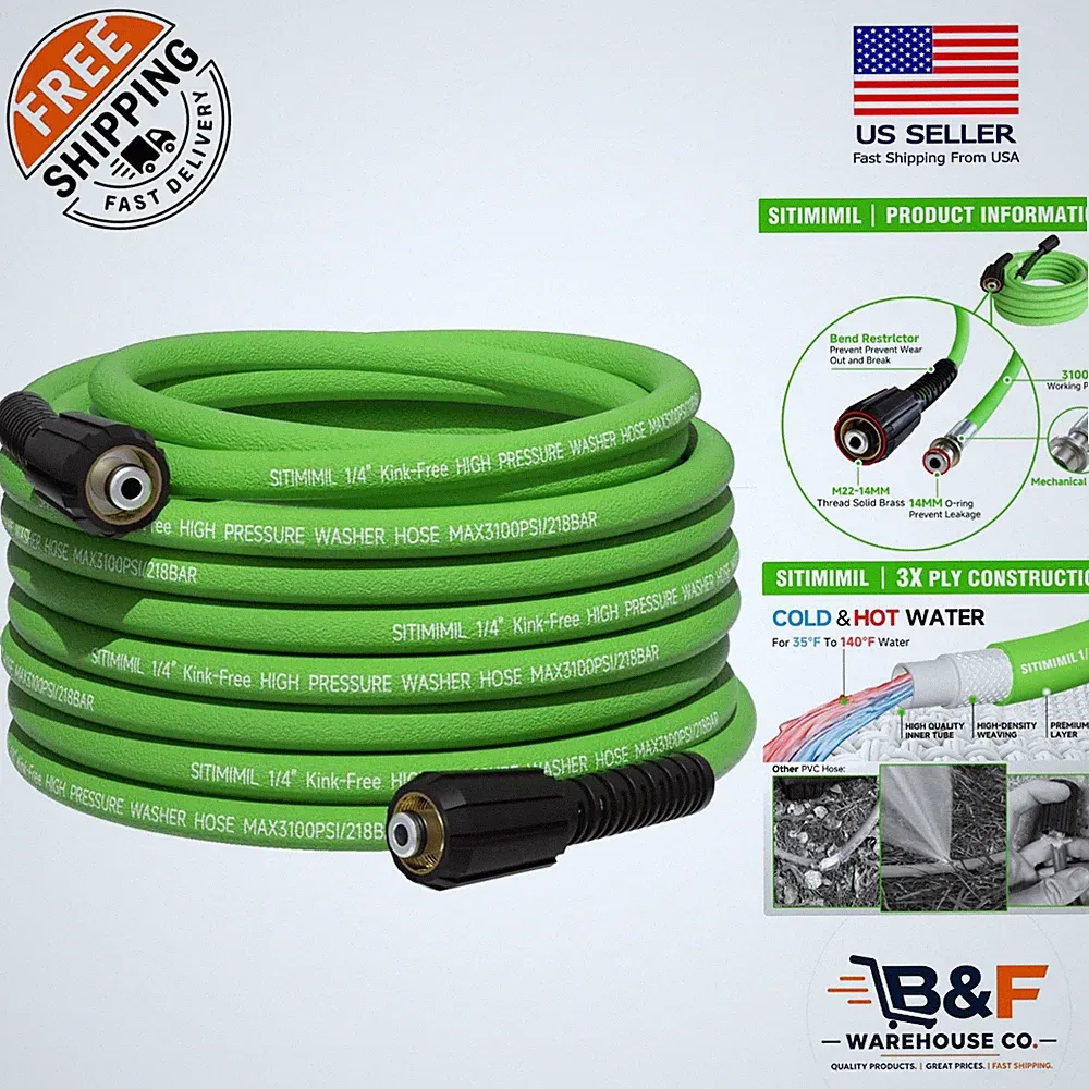 Professional 25 FT Kink Resistant Pressure Washer Hose - 3100 PSI Durability