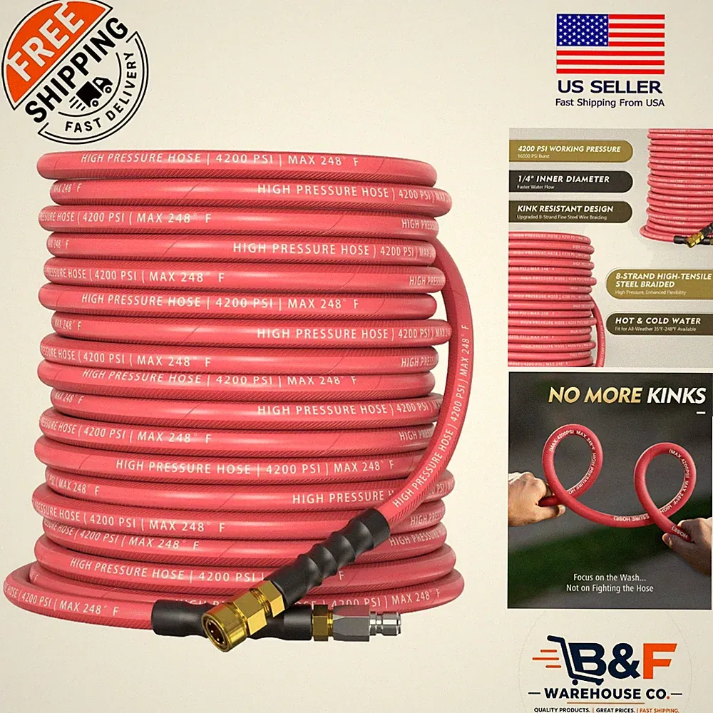 Professional 50 ft Pressure Washer Hose - 4200 PSI, Kink-Resistant & Flexible