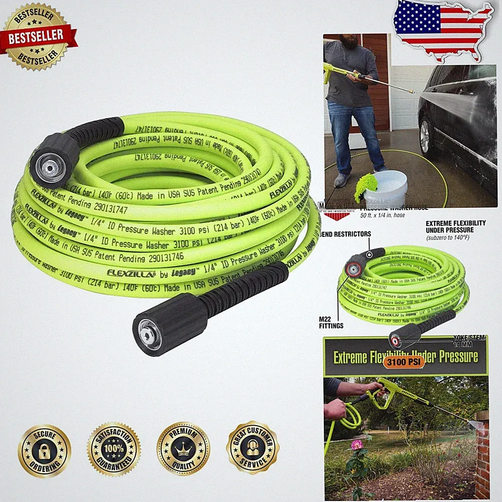 Professional 50ft 1/4" ZillaGreen Pressure Washer Hose - 3100 PSI M22, Non-Kink