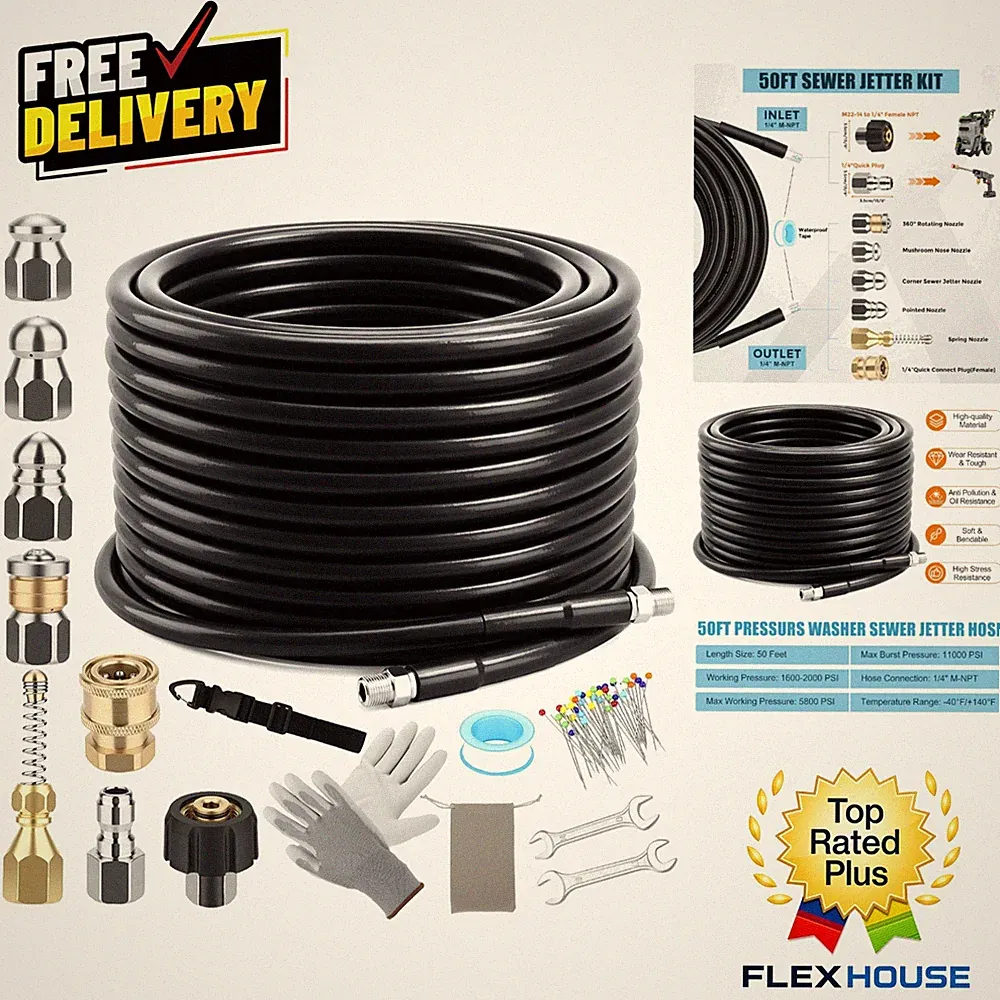 Professional 50FT Drain Cleaner Hose Kit with 5 Jet Nozzles for Pressure Washer