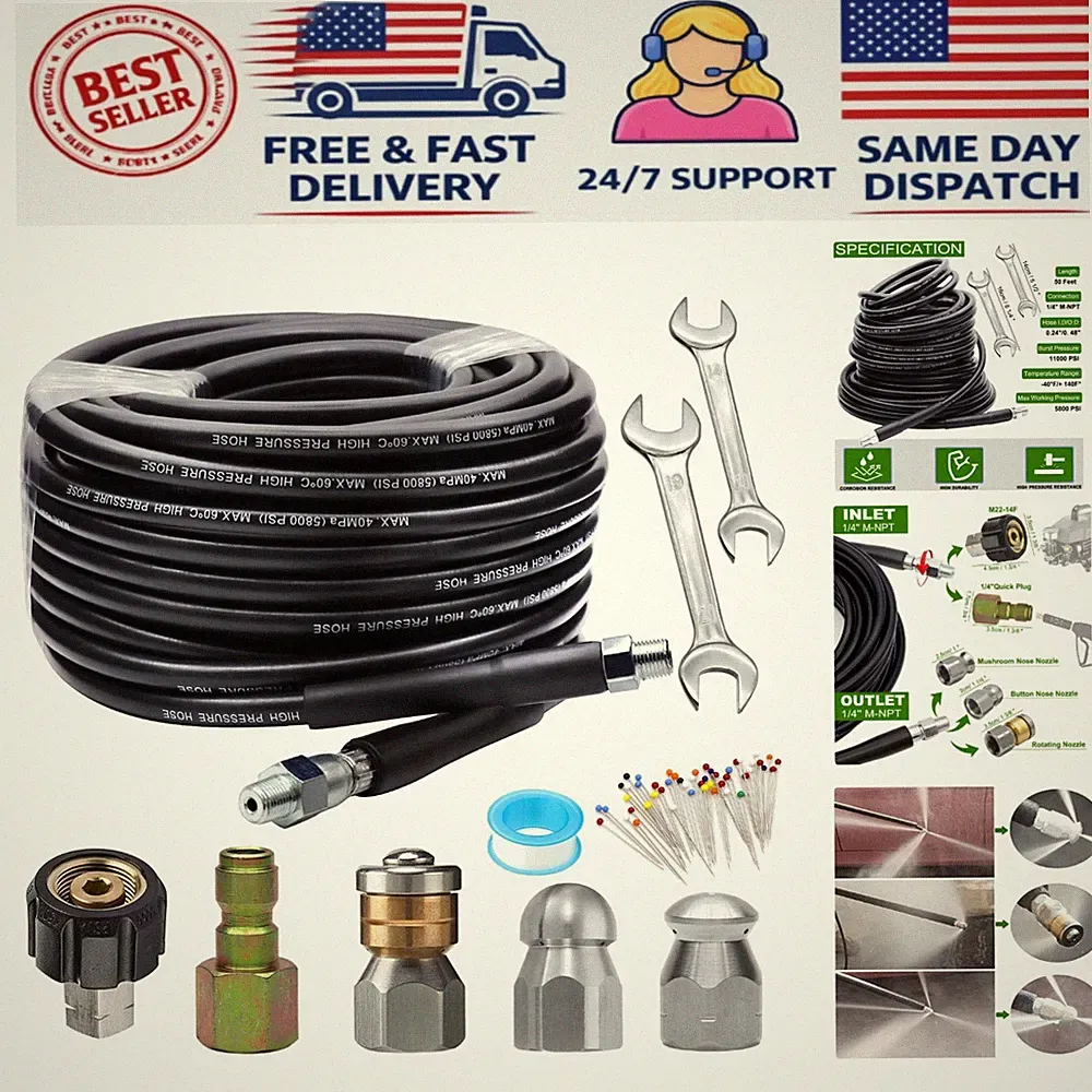 Professional 50FT Sewer Cleaning Hose with Nozzles & Pressure Washer Fittings