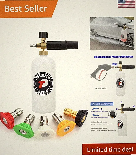Professional Foam Cannon with 5 Nozzle Tips & 1/4" Quick Connect for Car Washing