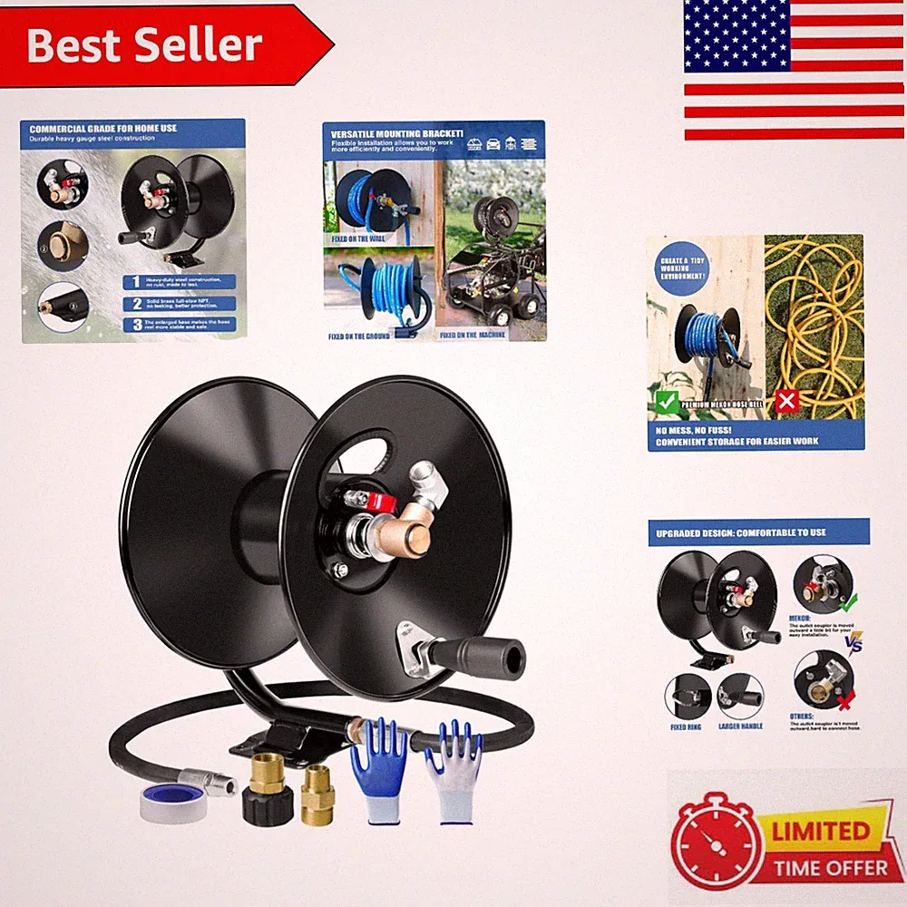 Professional Grade 50ft Pressure Washer Hose Reel - Metal Construction, Safe Use