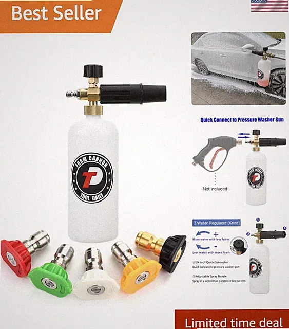 Professional Grade Foam Cannon with Quick Connector – 1 Liter, 5 Nozzle Options