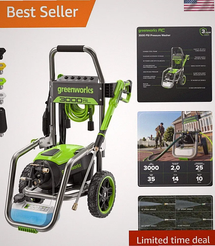 Professional Grade Greenworks Electric Pressure Washer - 25ft Hose & Accessories