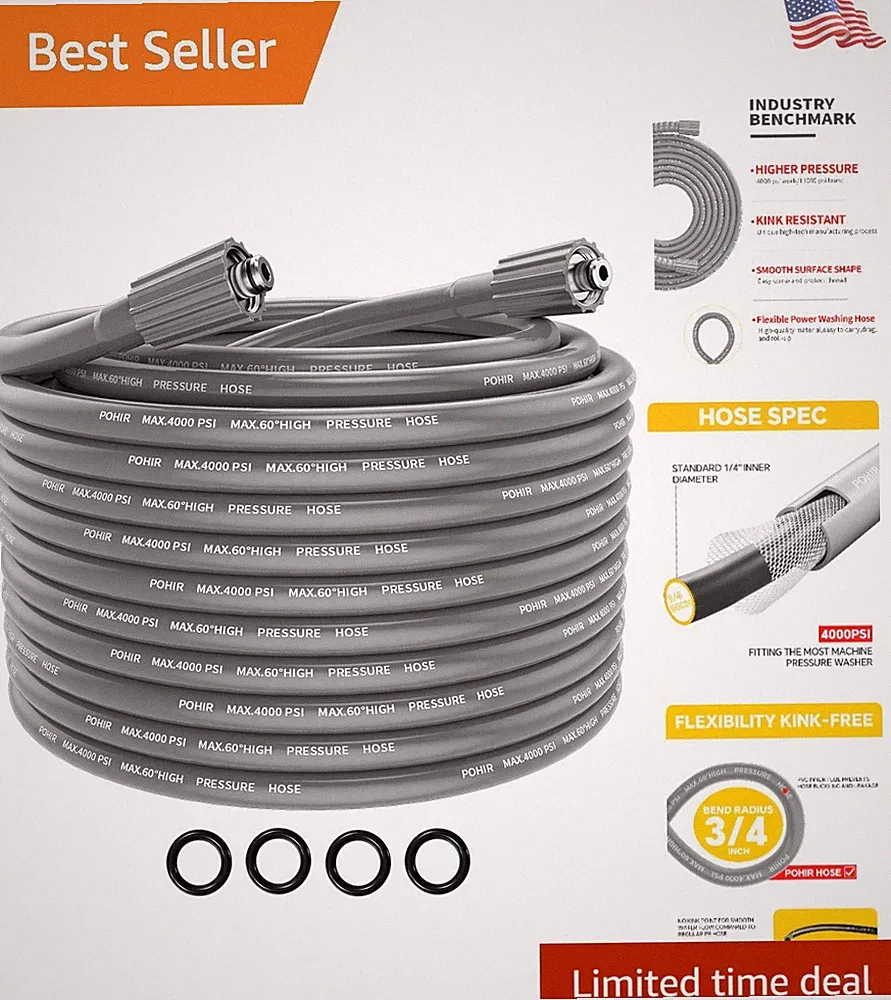 Professional Pressure Washer Hose 25ft with Kink Resistance - 4000 PSI