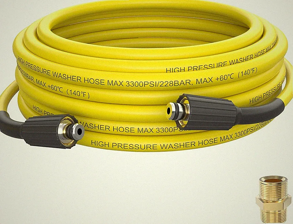 PVC Pressure Washer Hose 25 FT Yellow 3300 PSI | 1/4" Power Washer Hose Kink Res