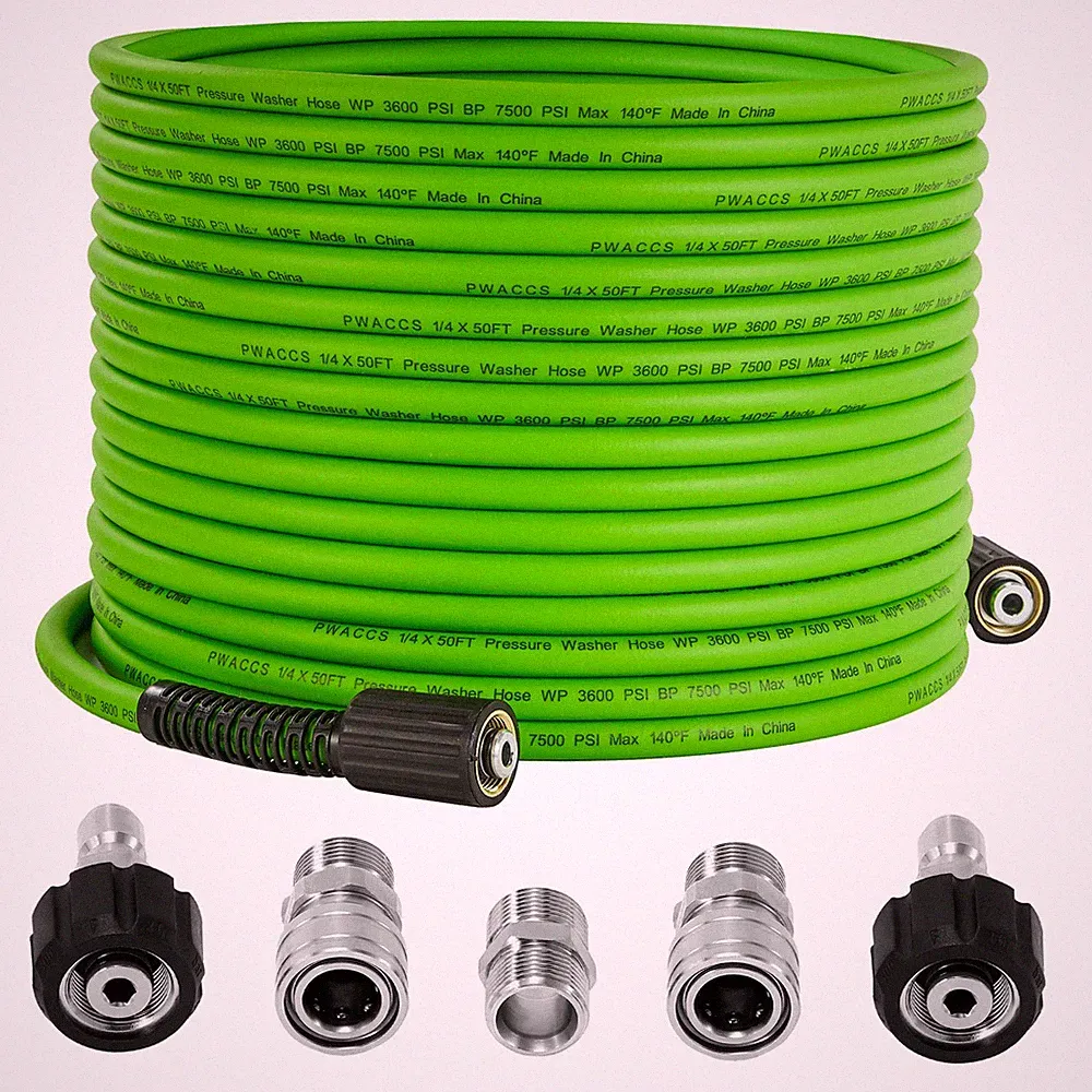 PWACCS Pressure Washer Hose 50 FT x 1/4", 50 ft/Upgraded Fittings, Green