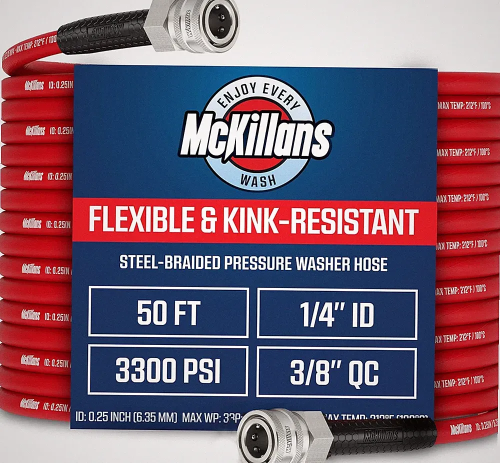 ® QC Installed Pressure Washer Hose 50 Ft - Flexible & Kink-Resistant - Steel-Br