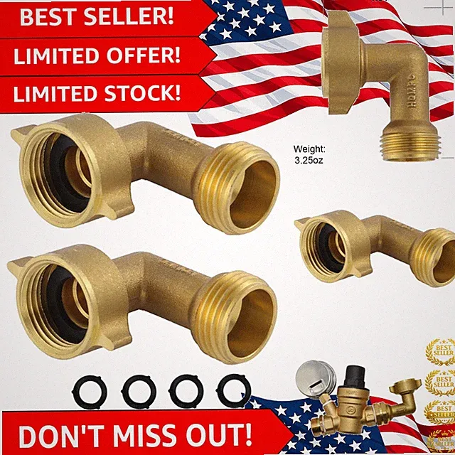 Quality Brass Garden Hose Elbow Connector 90° - Two Pieces with Extra Washers