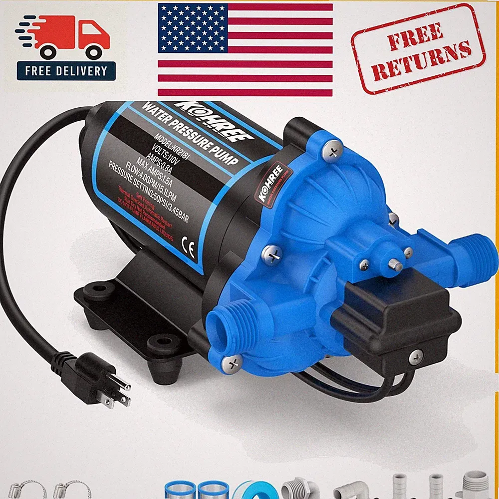 Quiet 110V Water Pressure Pump - 4 GPM, 50 PSI Diaphragm for Gardens & Kitchens