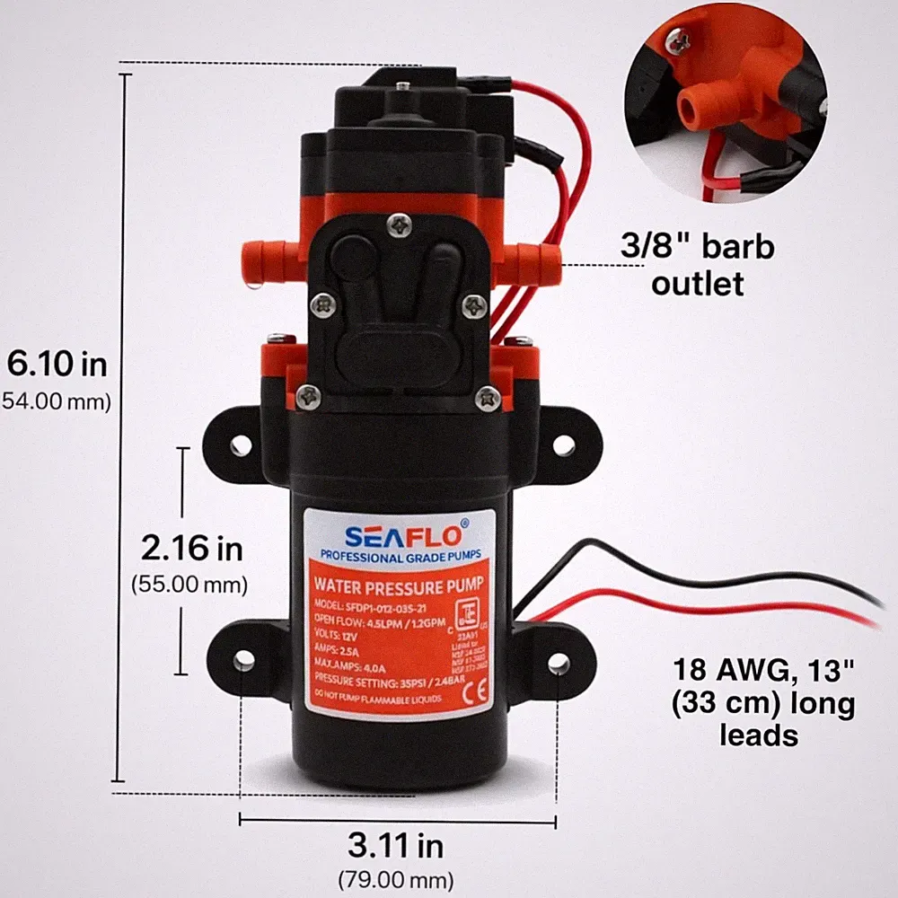 Quiet RV Water Pump - 1.2 GPM, Adjustable Pressure