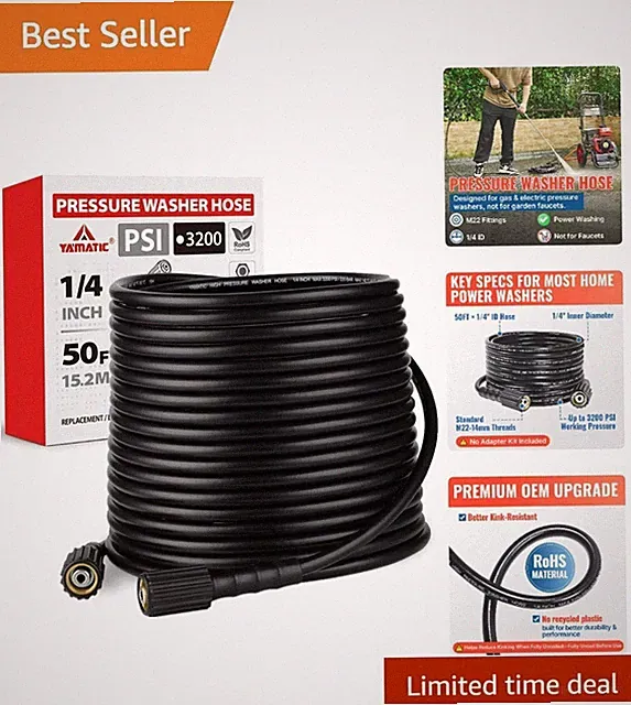 Reliable 50FT Pressure Washer Hose | 1/4", Rated 3200 PSI with M22-14mm Fittings