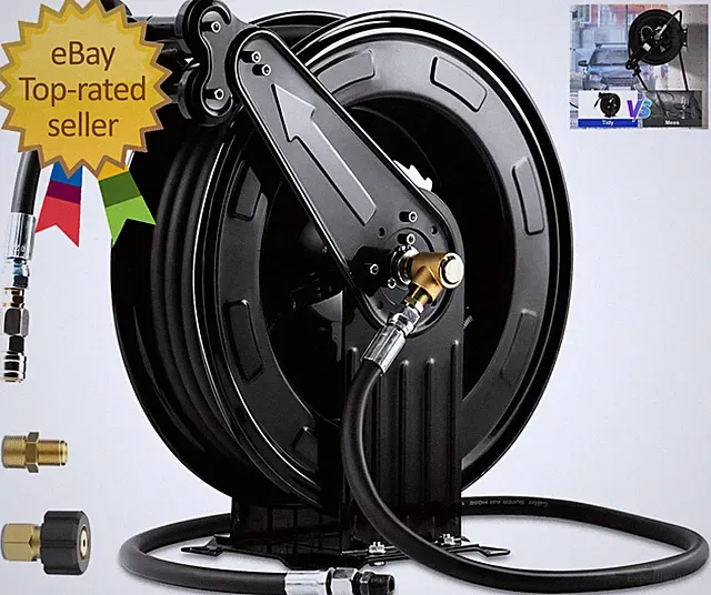 Retractable Hose Reel Double Arm 3/8 in X 50 Ft Steel Professional Power Wash