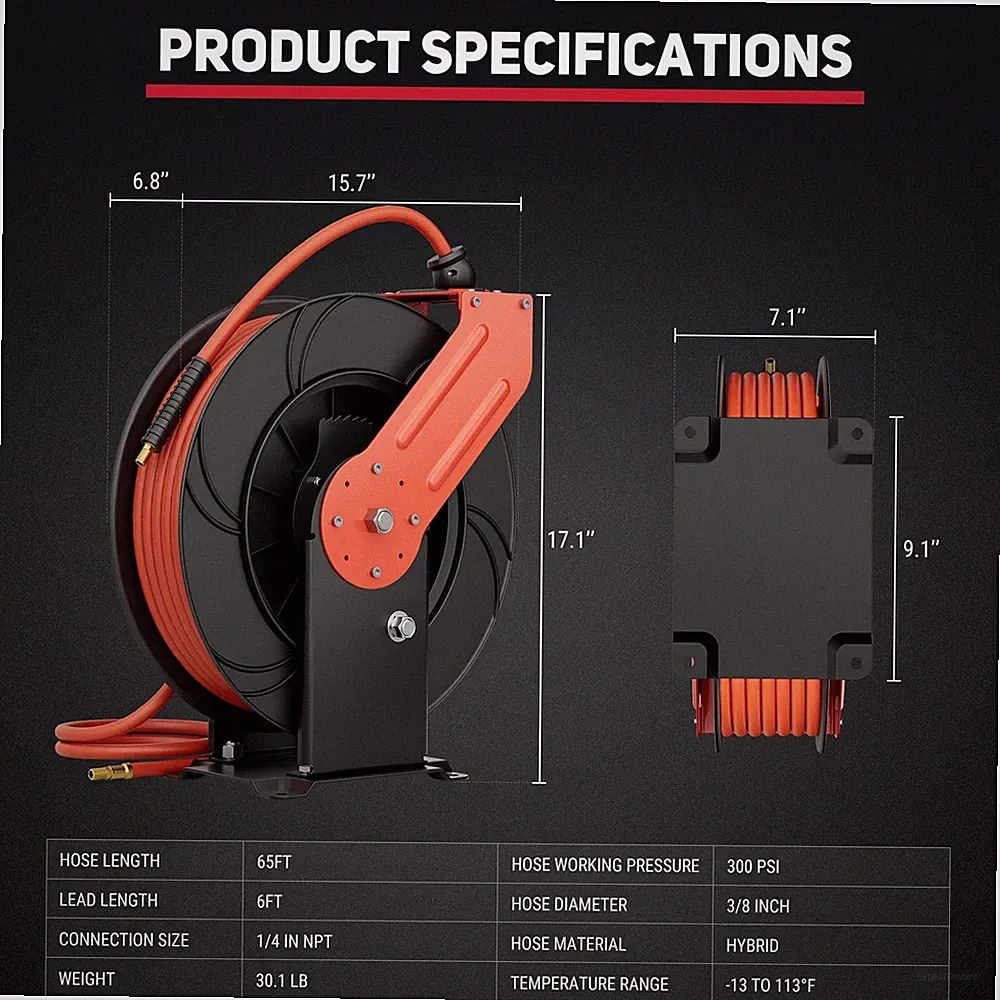 Retractable Power Pressure Washer Hose Reel 3/8" NPT, Max 300PSI Hot&Cold Water