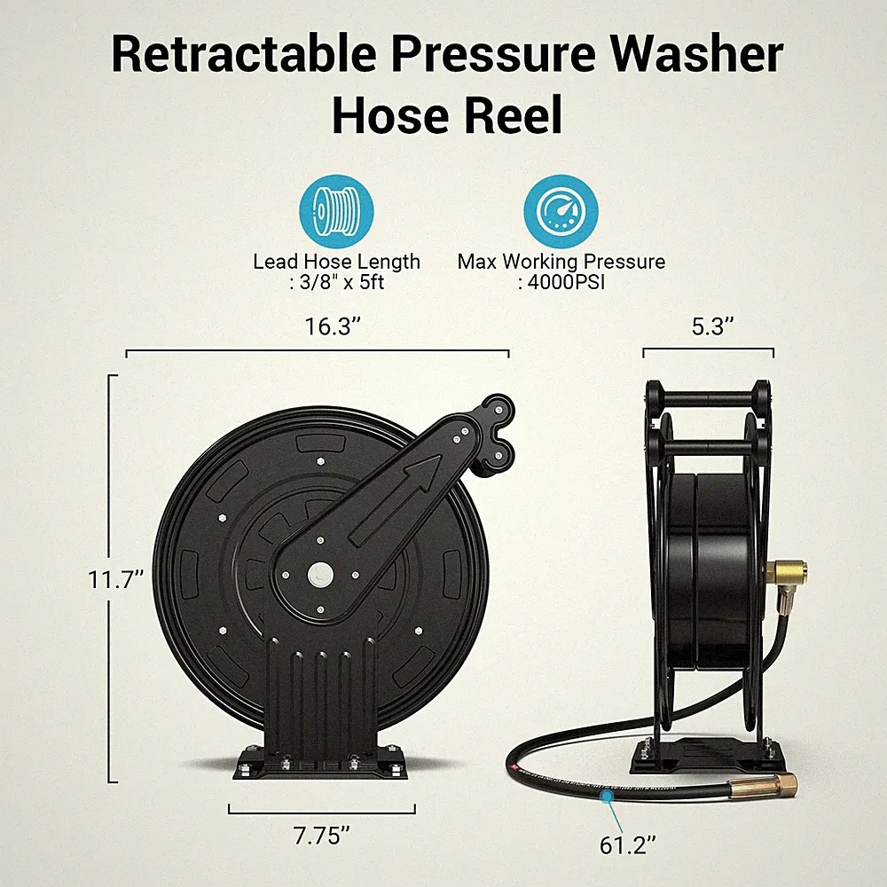 Retractable Power Pressure Washer Hose Reel 3/8" NPT, Max 300PSI Hot&Cold Water