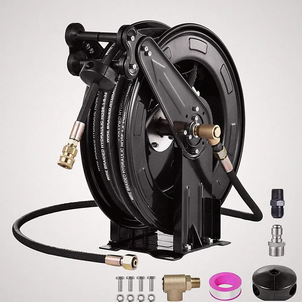 Retractable Power Pressure Washer Hose Reel 3/8" x 50 ft, 4000PSI Hot&Cold Water