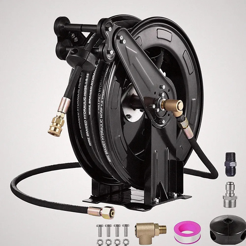 Retractable Power Pressure Washer Hose Reel 3/8" x 50 ft, 4000PSI Hot&Cold Water