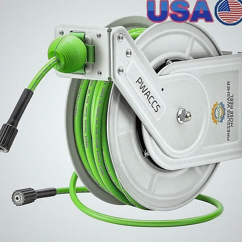 Retractable Pressure Washer Hose Reel 1/4" x 60ft Heavy Duty Auto Rewind Green
