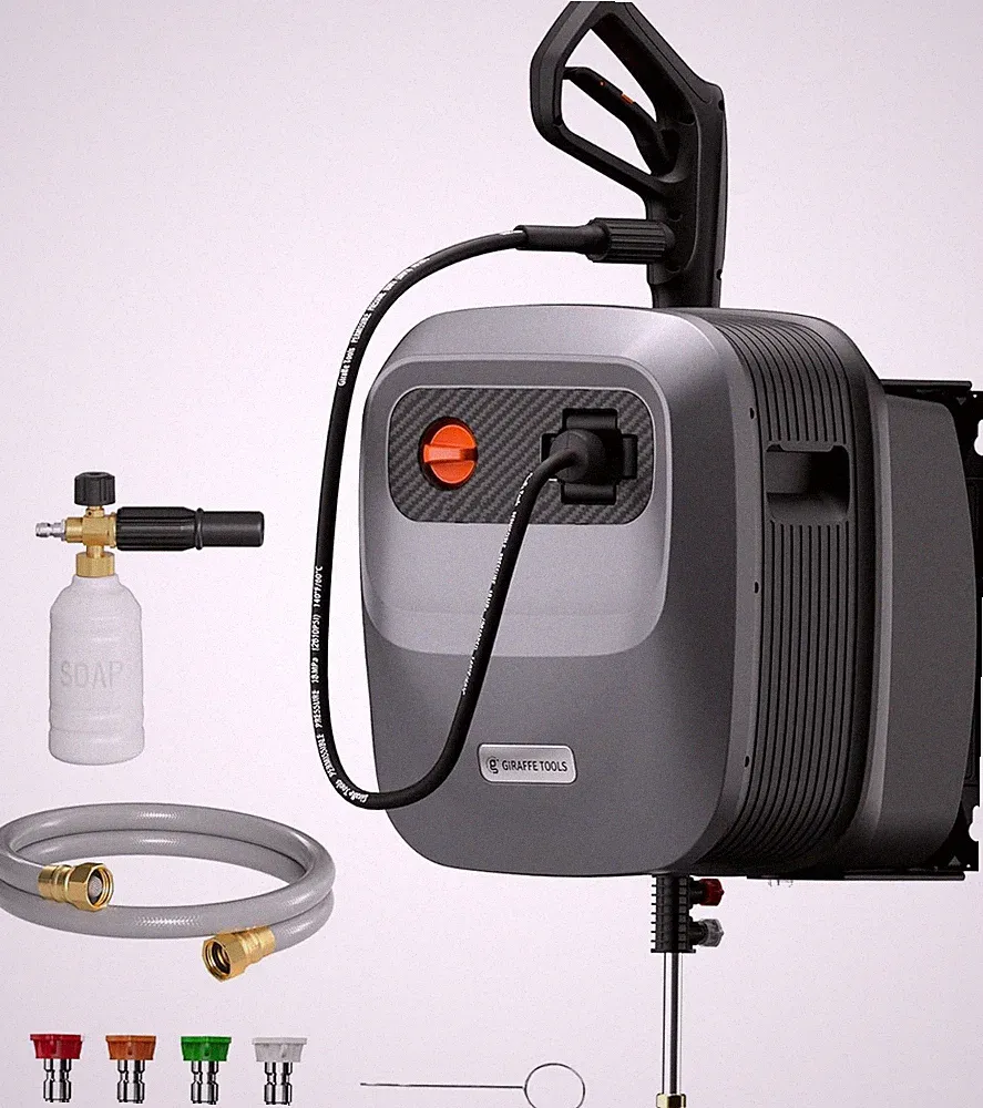Retractable Wall Mount Pressure Washer 65ft 2500PSI w/ Foam Cannon