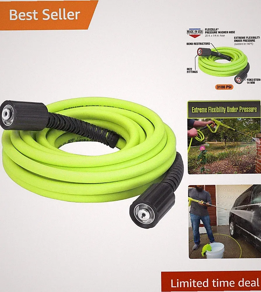 Revolutionary Flexzilla Pressure Washer Hose 1/4" x 25ft, Ultra-Flexible Design
