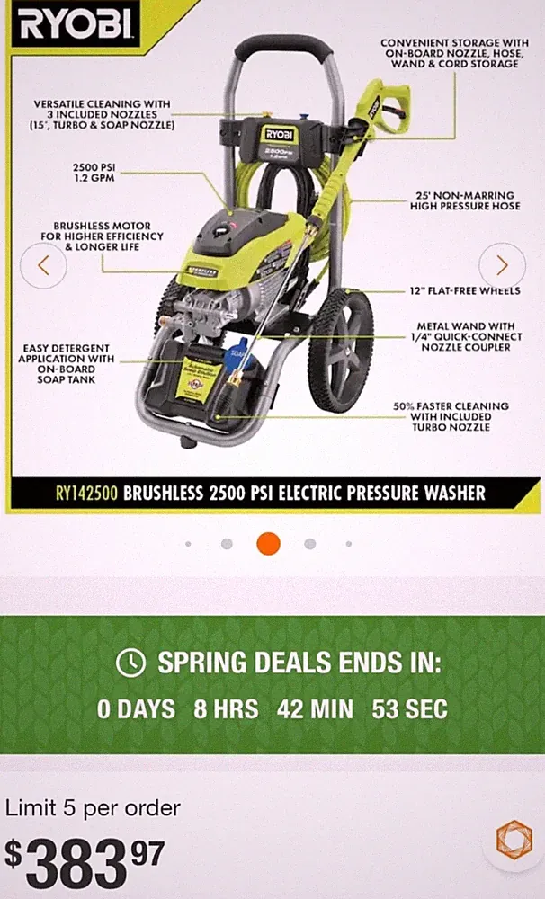 RYOBI 2500 PSI 1.2 GPM High Performance Cold Water Electric Pressure Washer