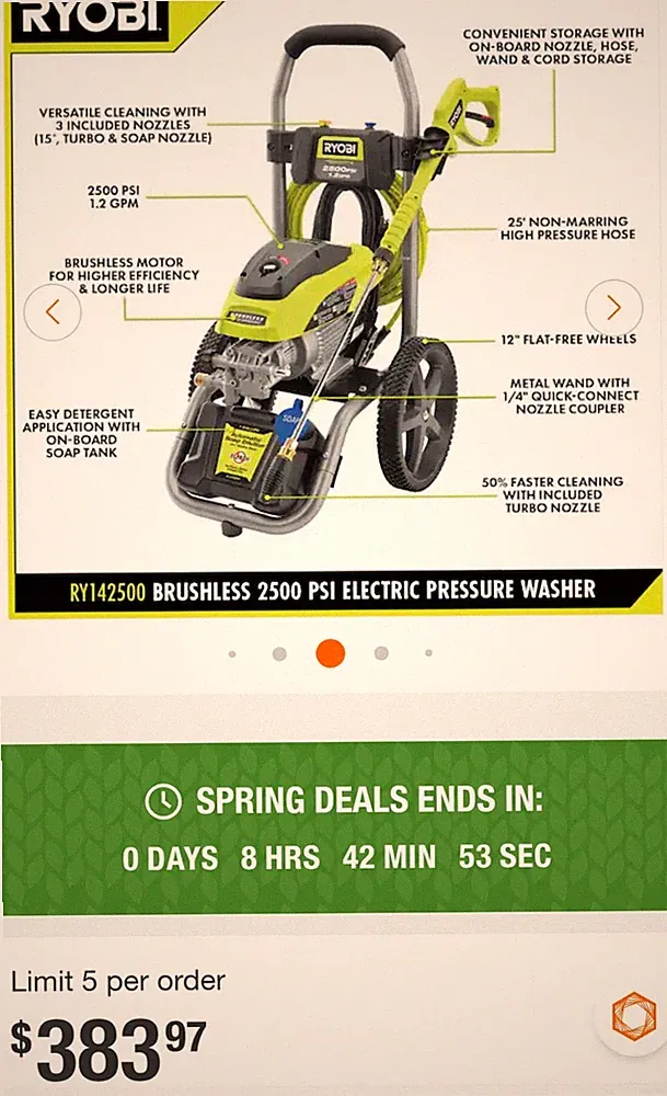 RYOBI 2500 PSI 1.2 GPM High Performance Cold Water Electric Pressure Washer