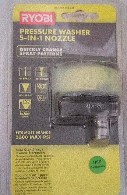 Ryobi 5-in-1 Pressure Washer Spray Nozzle, 3300 PSI, Yellow/Black, 1 Pack