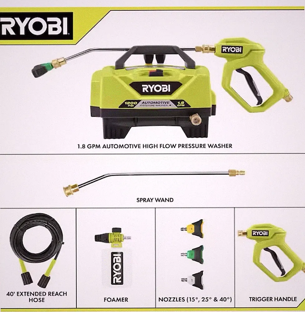 Ryobi Electric High Flow Pressure Washer 1.8 GPM RY14AM12 Hose Gun Foamer