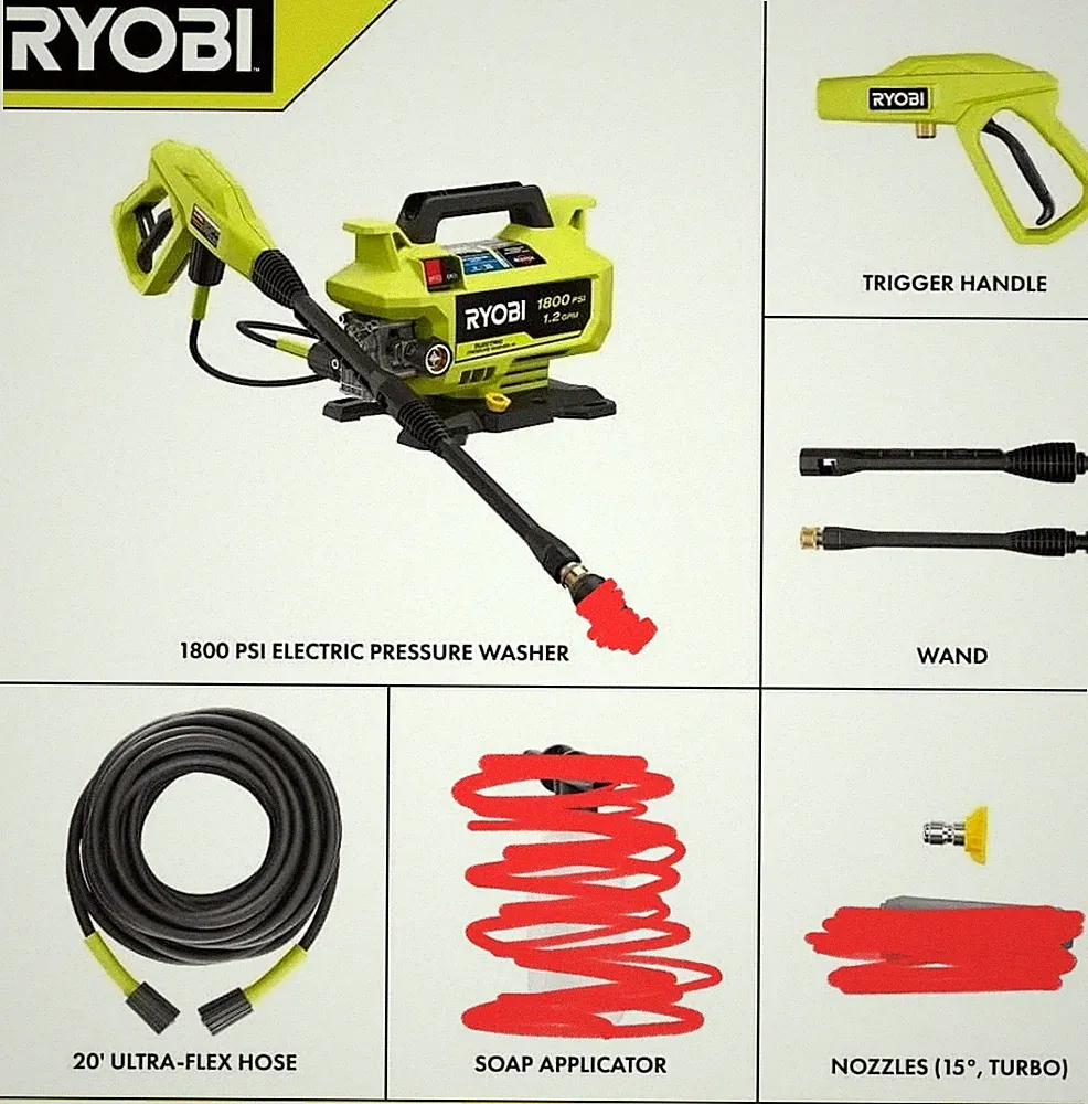 RYOBI RY141802 1800 PSI 1.2 GPM Electric Pressure Washer w/ Hose, Wand & 15° Noz