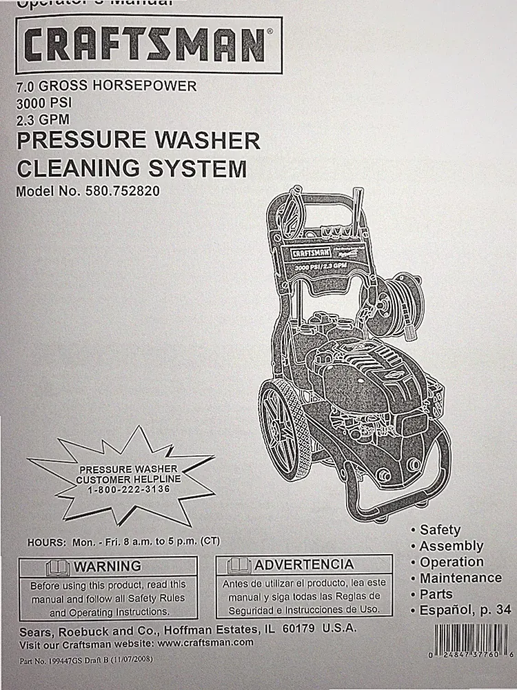 Sears Craftsman 7.0 h.p 3000 psi 580.752820 Pressure Washer Owner & Parts Manual