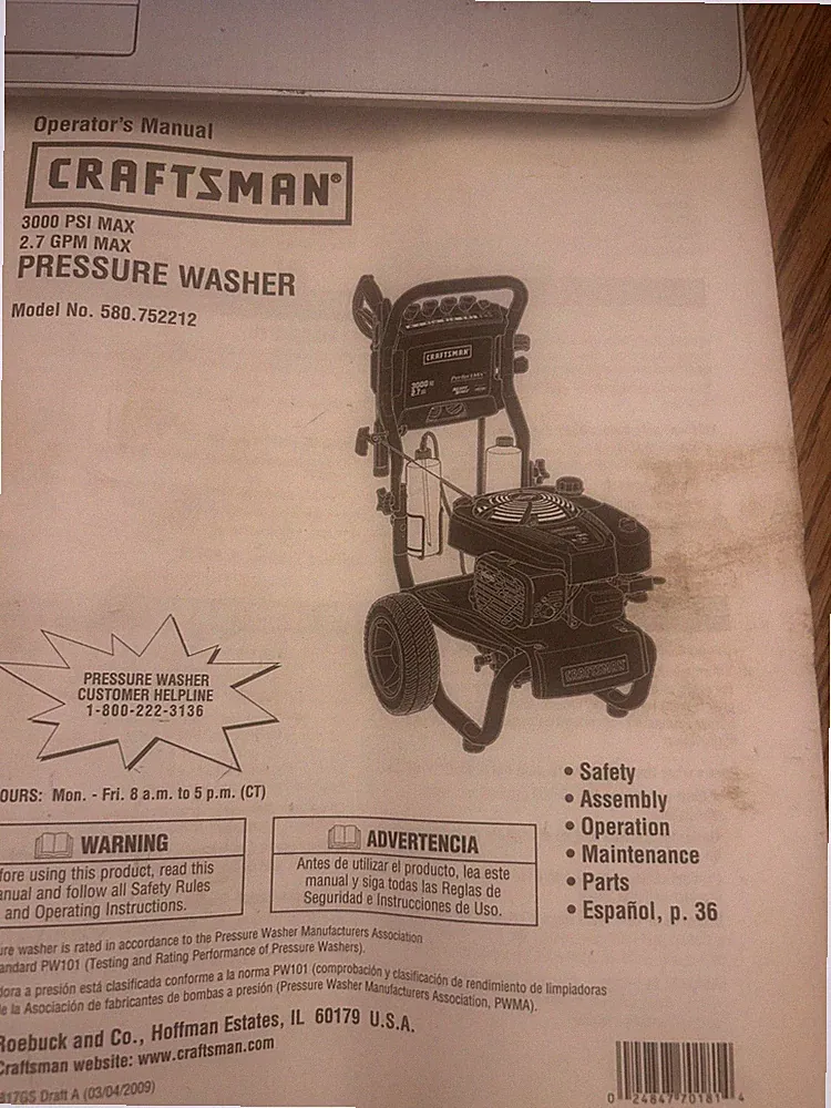 SEARS CRAFTSMAN OPERATORS MANUAL PRESSURE WASHER MODEL 580.752212 3000 PSI