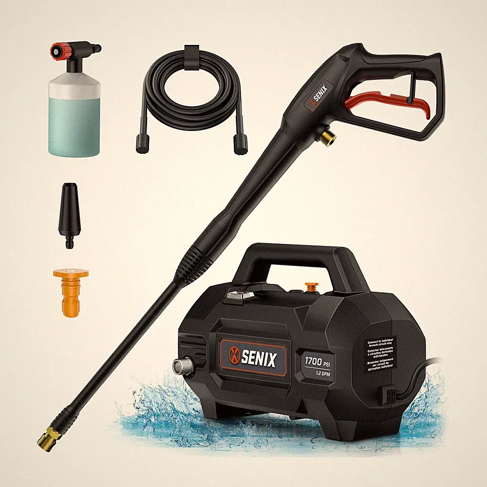 SENIX 13 Amp Electric Pressure Washer - 1700 PSI, 1.2 GPM, Compact with Foam...
