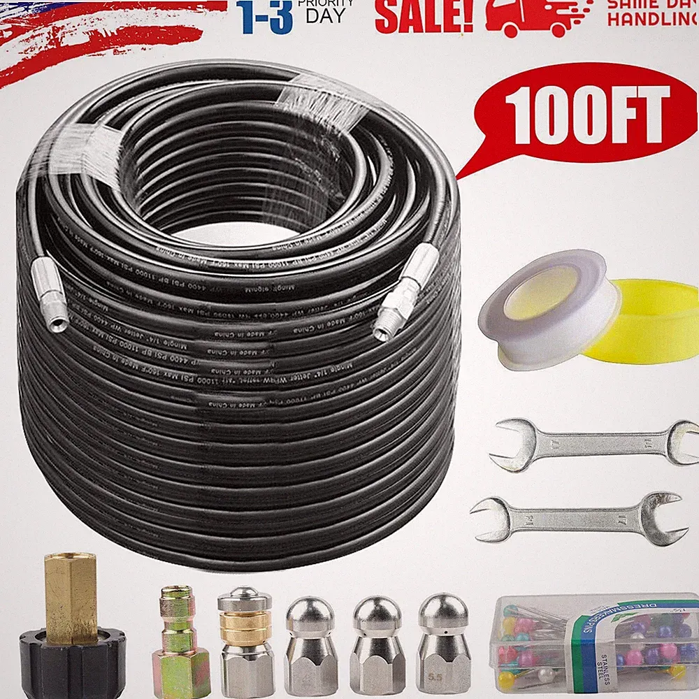 Sewer Jetter Nozzles Kit 100FT Drain Cleaning Hose for Pressure Washer 5800PSI