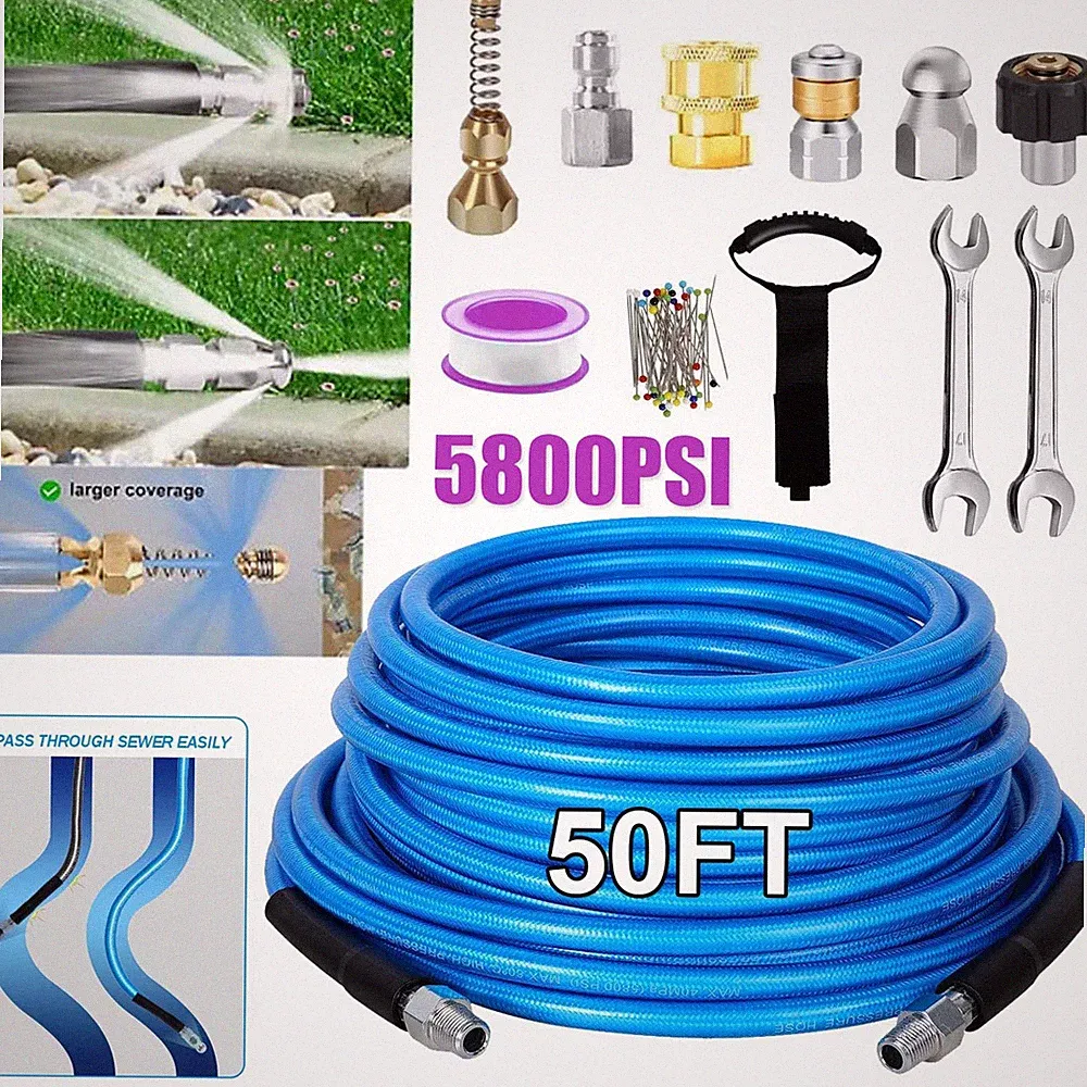 Sewer Jetter Nozzles Kit 50FT Drain Cleaning Hose for Pressure Washer 5800PSI
