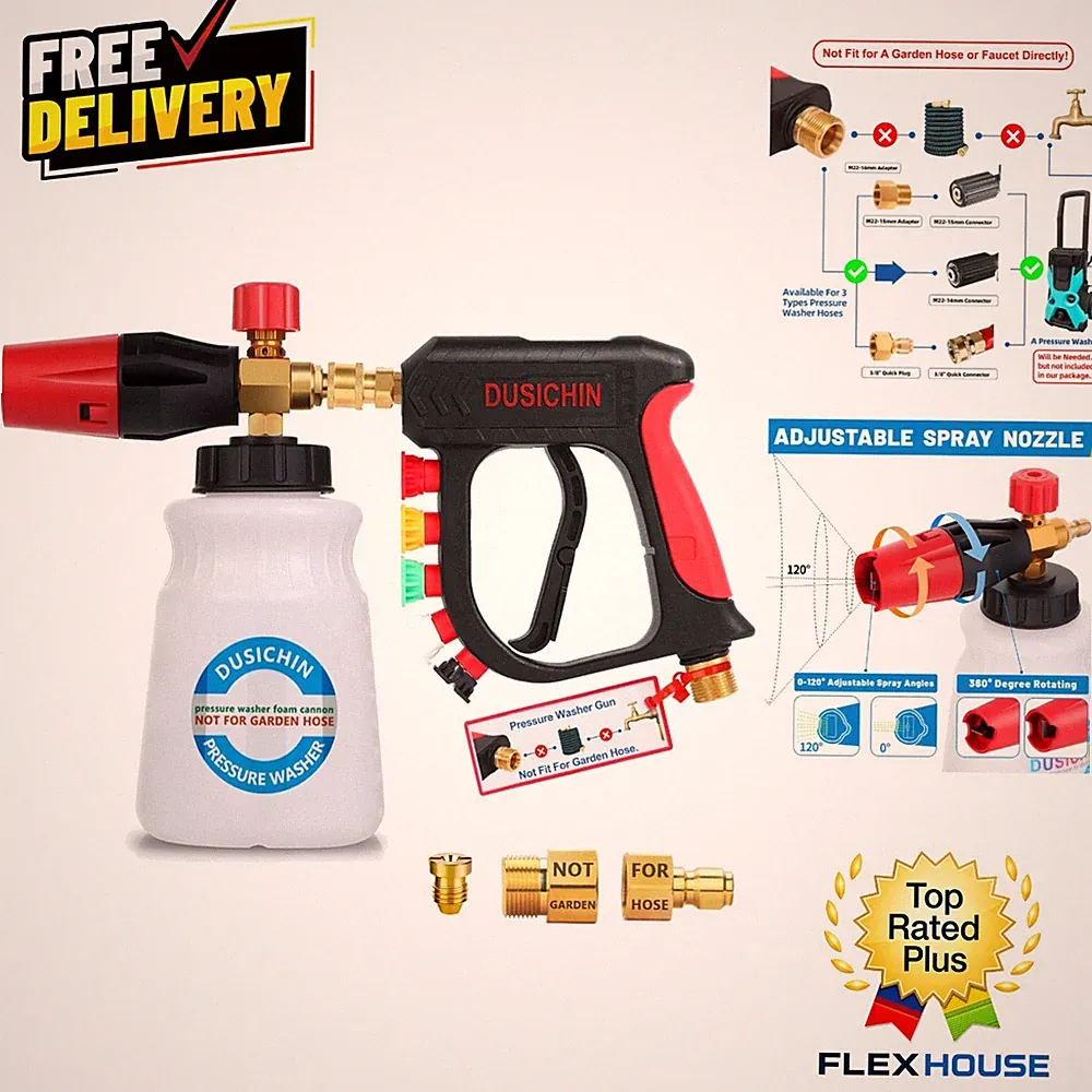 Short Foam Cannon – Ergonomic Pressure Washer Gun with 5 Quick Connect Nozzles