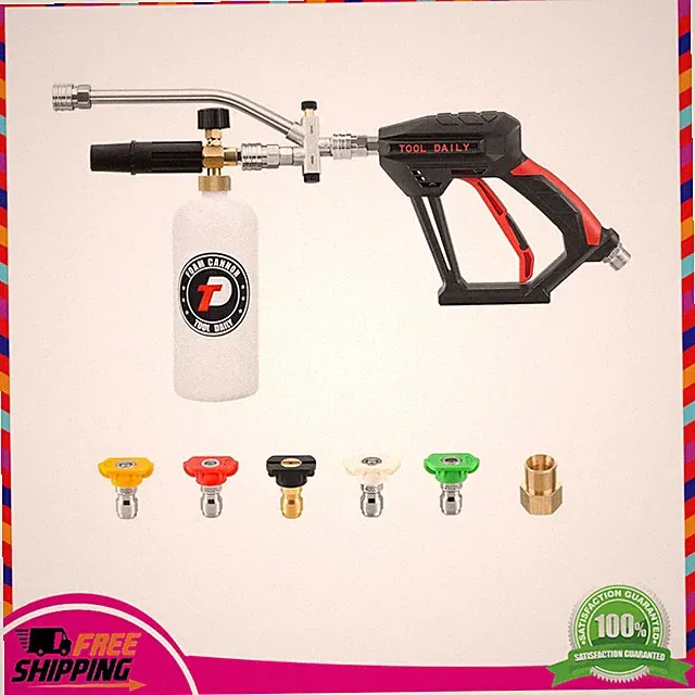 Short Pressure Washer Gun w/ Foam Cannon 1L & 5 Nozzle Tips Dual Connector Kit