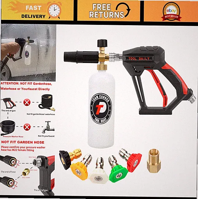 Short Pressure Washer Gun with Foam Cannon & 5 Nozzle Tips, 1L - 1/4" Connector