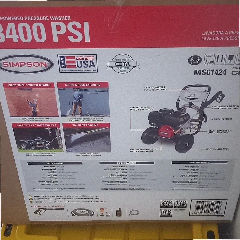 Simpson MS61424 Gas Pressure Washer 3400 PSI 2.5 GPM Wheel-Mounted 7.5 HP