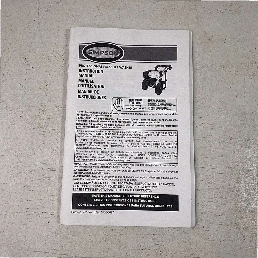Simpson Professional Pressure Washer Instruction Manual Part No 7110421 Rev 0