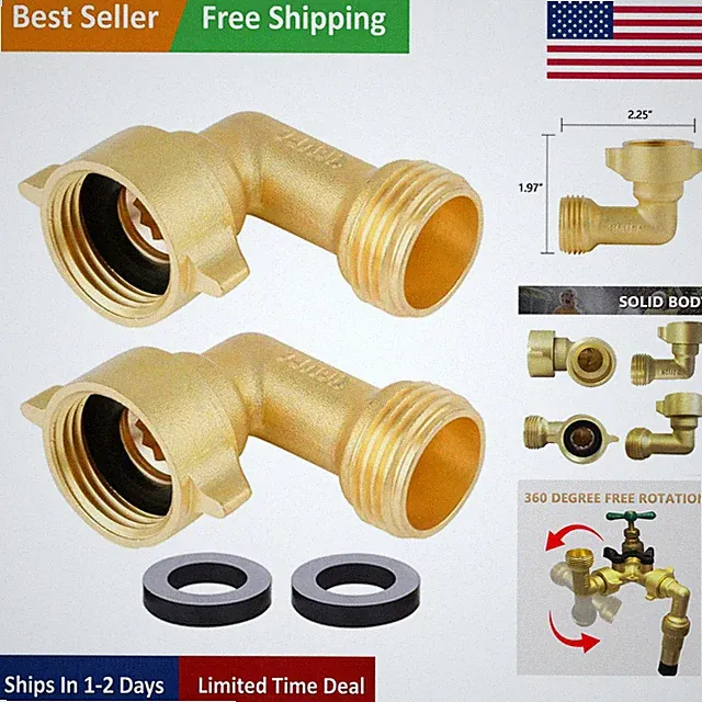 Solid Brass 90 Degree Garden Hose Elbow Connector - Complete 2-Pack with Washers