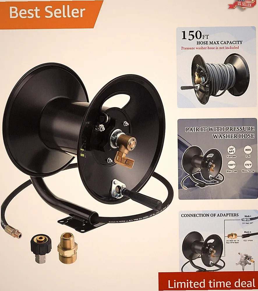 Stainless Steel Wall Mount Hose Reel for 4000 PSI Pressure Washers - 15lbs