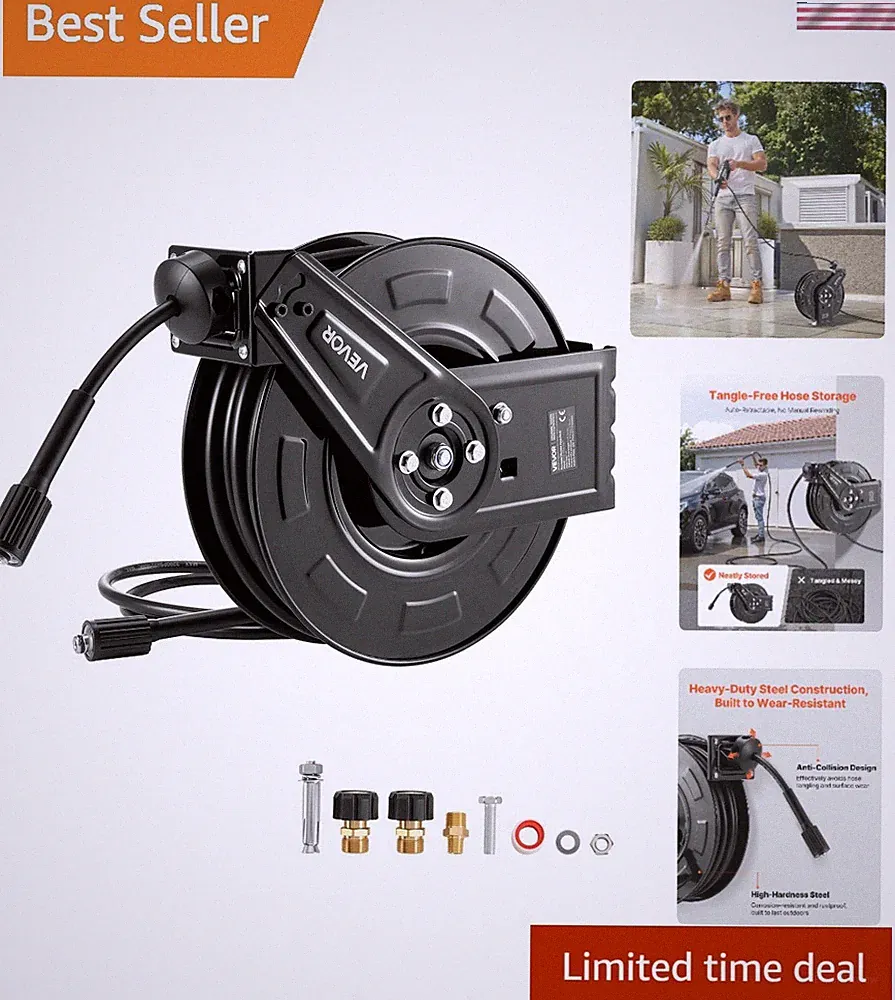 Steel Pressure Washer Hose Reel 60 Ft x 1/4 inch - Hassle-Free Storage