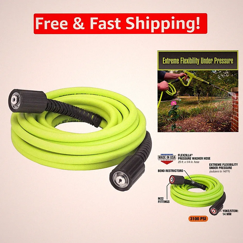 Strong & Flexible 25 Ft Flexzilla Pressure Washer Hose - 3100 PSI, M22 Fittings