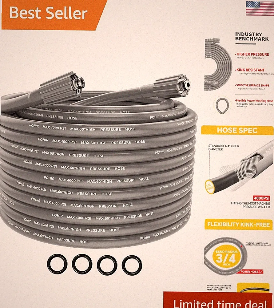 Super Flexible 25ft Pressure Washer Hose – Perfect for Home and Professional Use