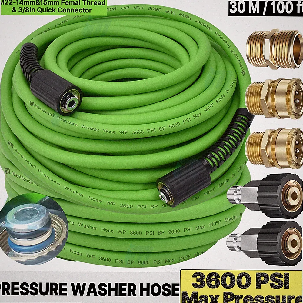 Super Flexible Pressure Washer Hose 25-100' 3600 PSI M22-14&15mm, or 3/8" QC
