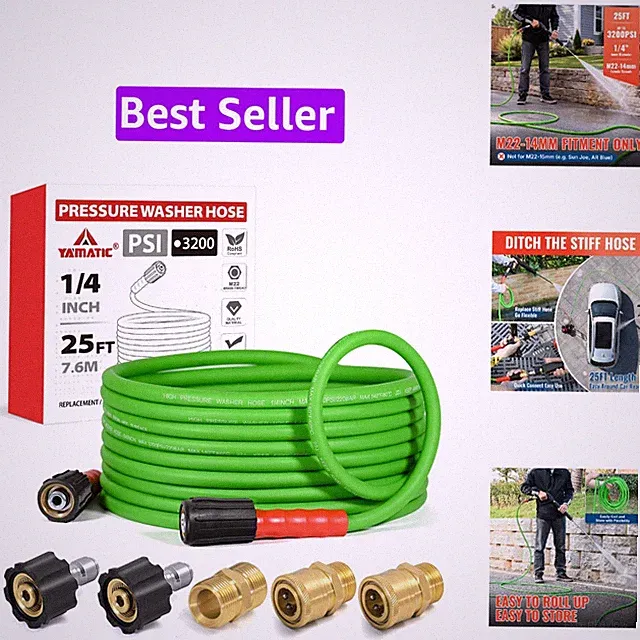 Super Flexible Pressure Washer Hose 25FT for Power Washer Replacement, Kink R...