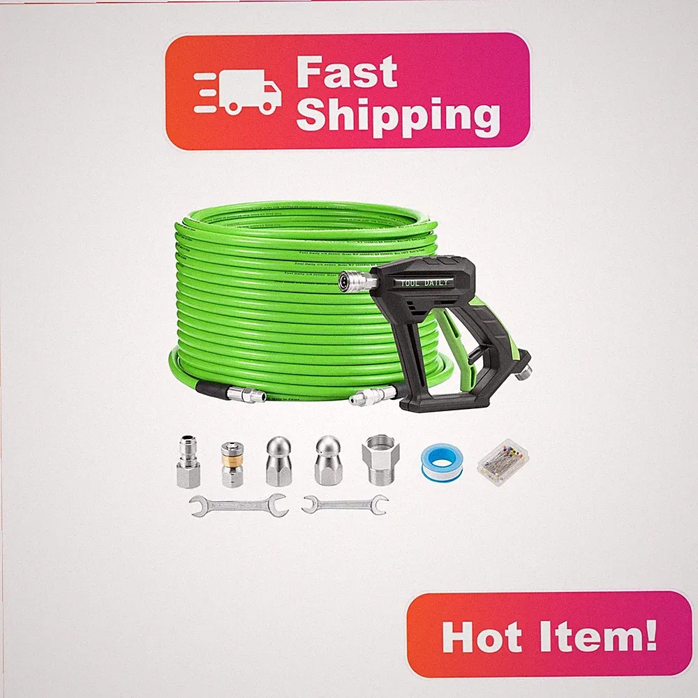 Tool Daily 100 FT Green Sewer Jetter Kit Pressure Washer Hose