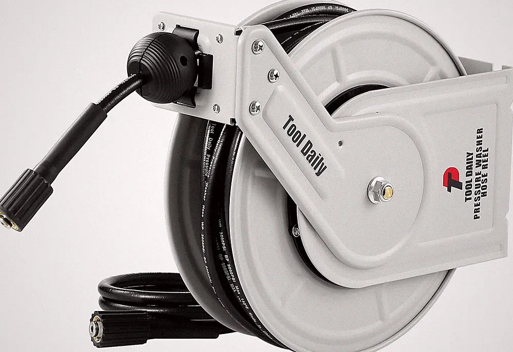 Tool Daily Retractable Pressure Washer Hose Reel 60 FT X 1/4”, Heavy Duty Power