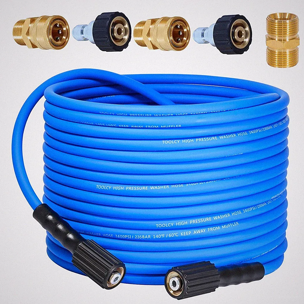 TOOLCY 50ft Pressure Washer Hose 3400 PSI 1/4in KinkResistant w/M22 & 3/8" Kit